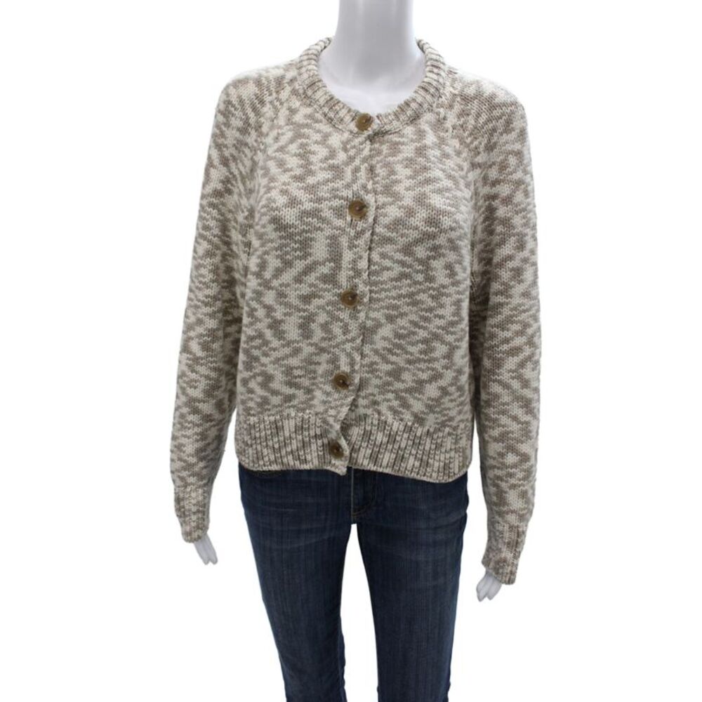 White + Warren Womens Cardigan Beige Geometric Round Neck Long Sleeve Size M